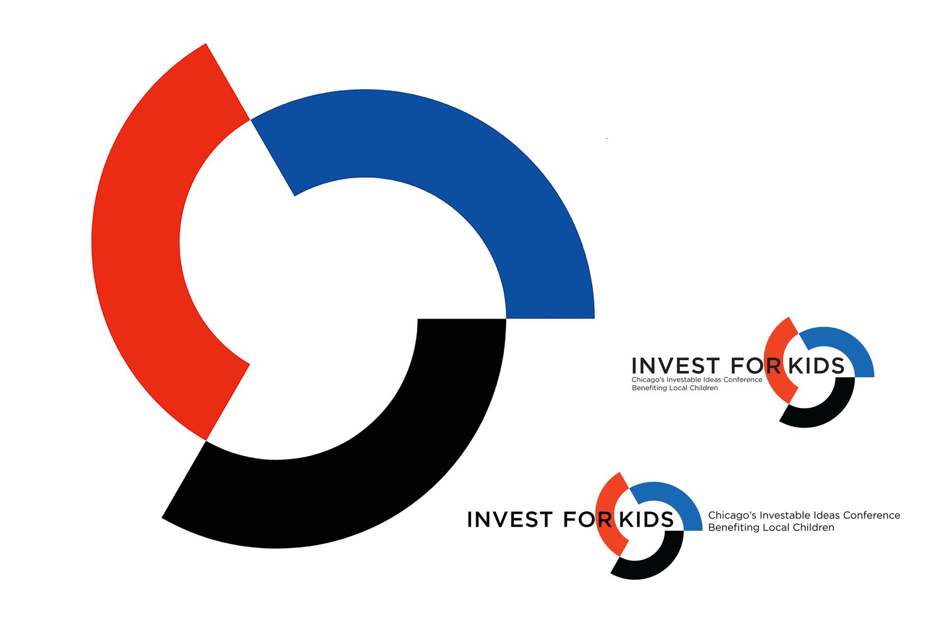 Three interlocking semicircles in red, blue, and black form a circular design, representing the "Invest for Kids" logo. The text beside it reads "Invest for Kids, Chicago's Investable Ideas Conference Benefiting Local Children."