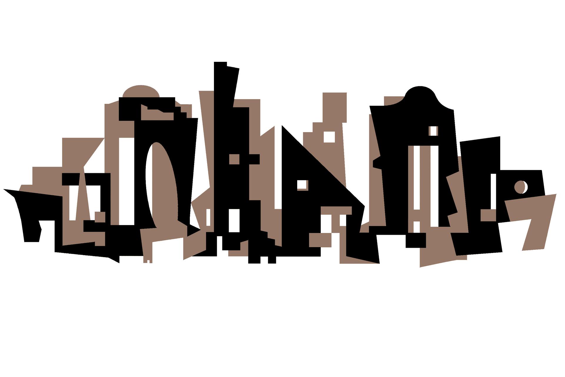 Abstract geometric cityscape with black and brown shapes resembling buildings against a white background.