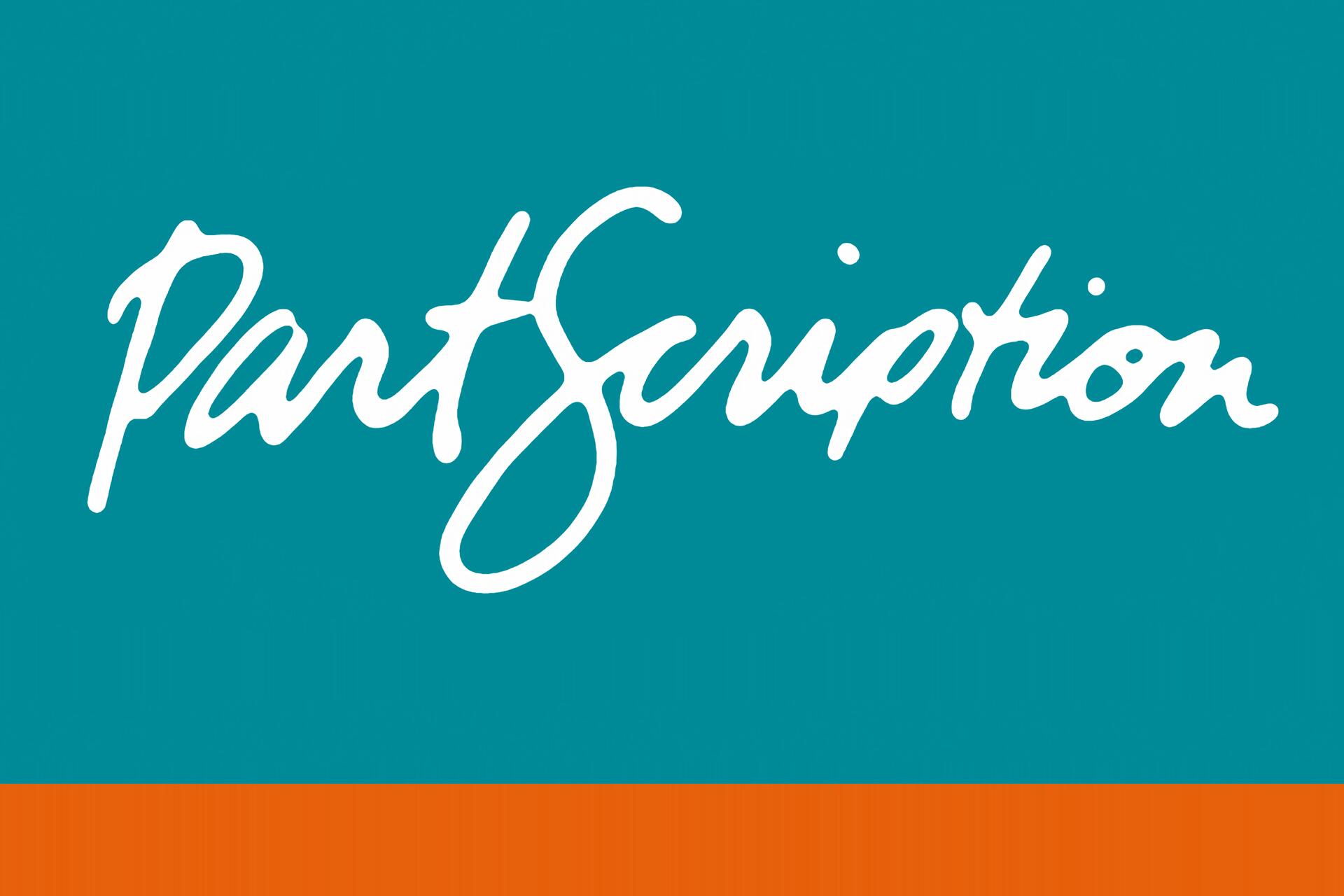Logo with the word "PartScription" in white cursive on a teal background, above an orange stripe.