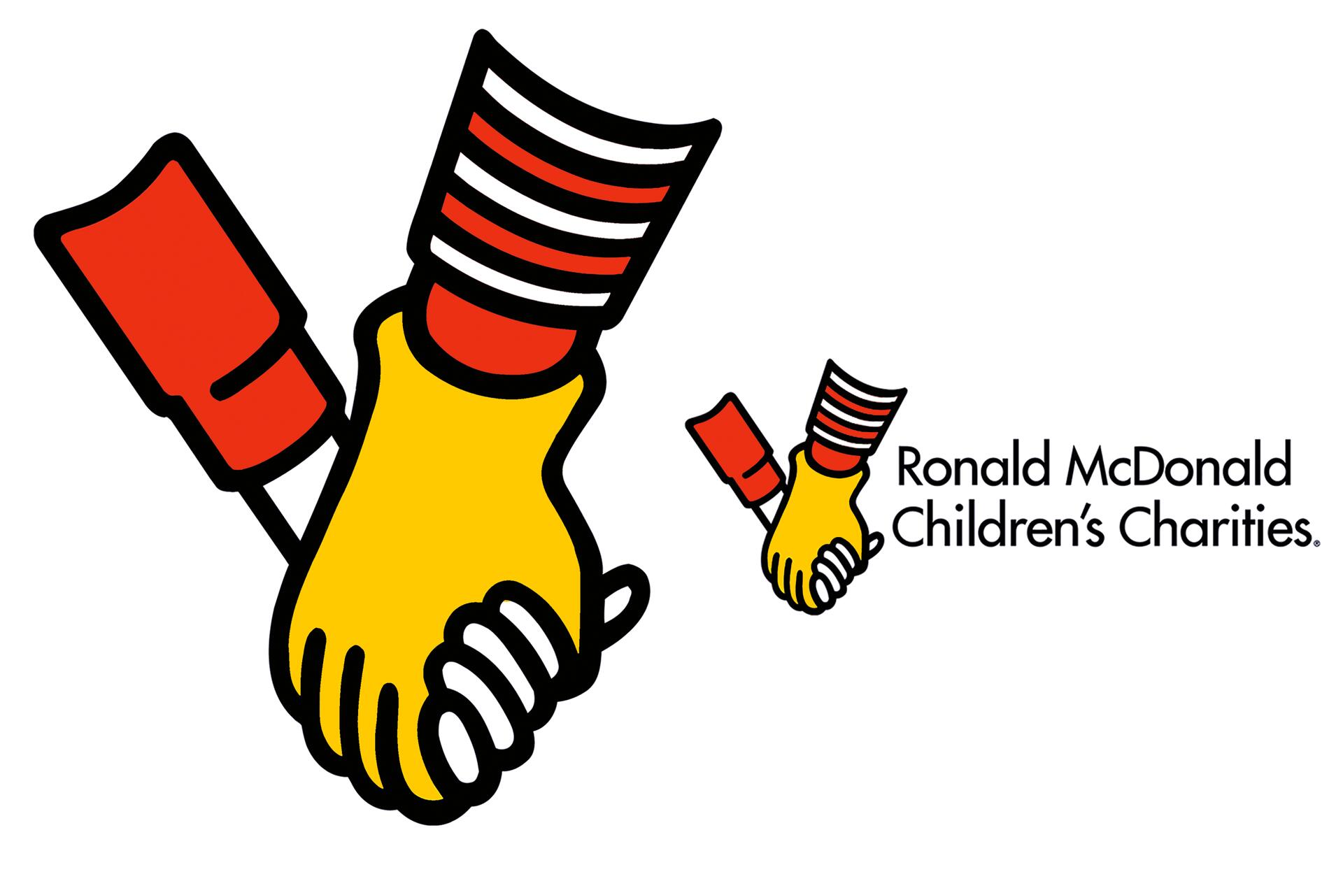 Logo of a red-gloved hand holding a yellow-gloved hand with a red and white striped sleeve. Text reads "Ronald McDonald Children's Charities."