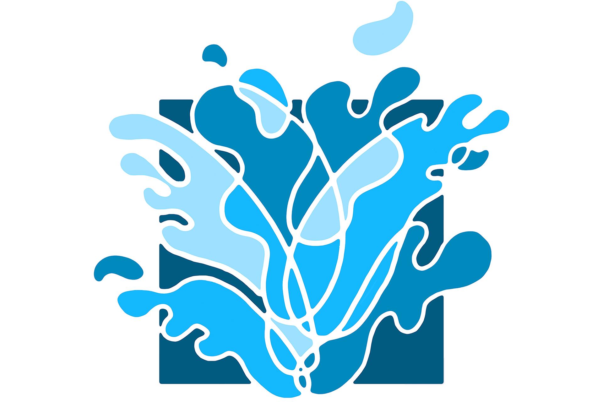 Abstract graphic of blue water splash with various shades, outlined with white lines.