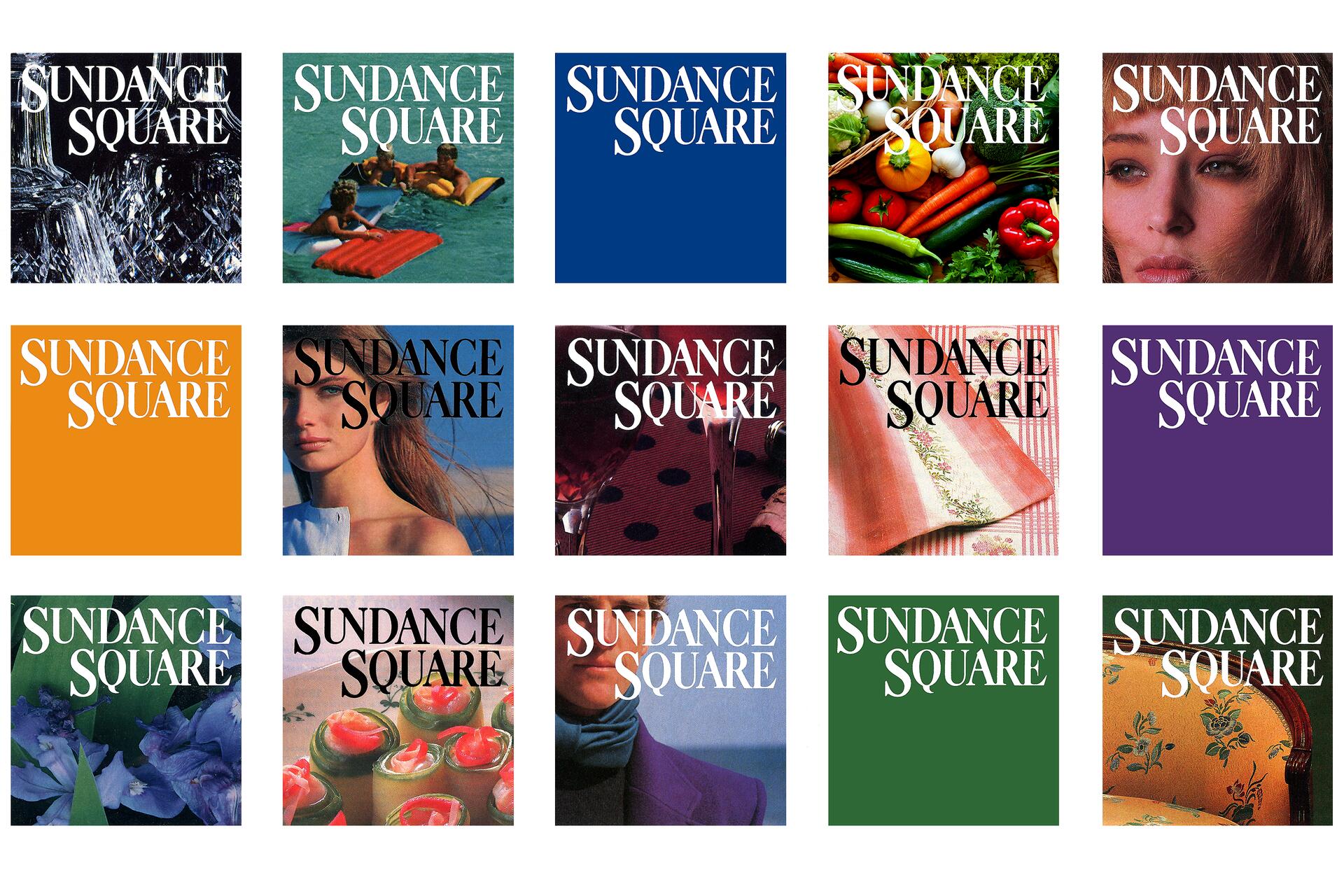 A grid of "Sundance Square" logos, each featuring different backgrounds including nature, people, and abstract colors.