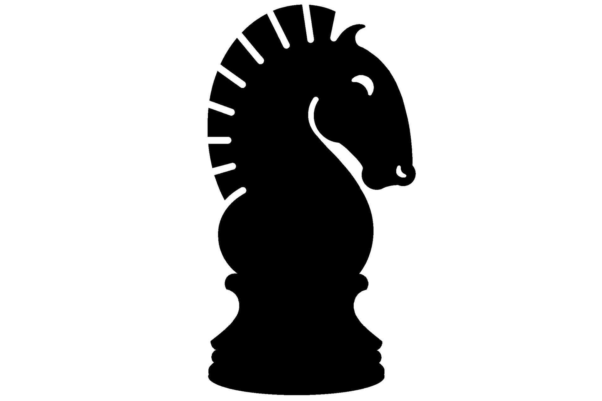 Black silhouette of a knight chess piece on a white background.