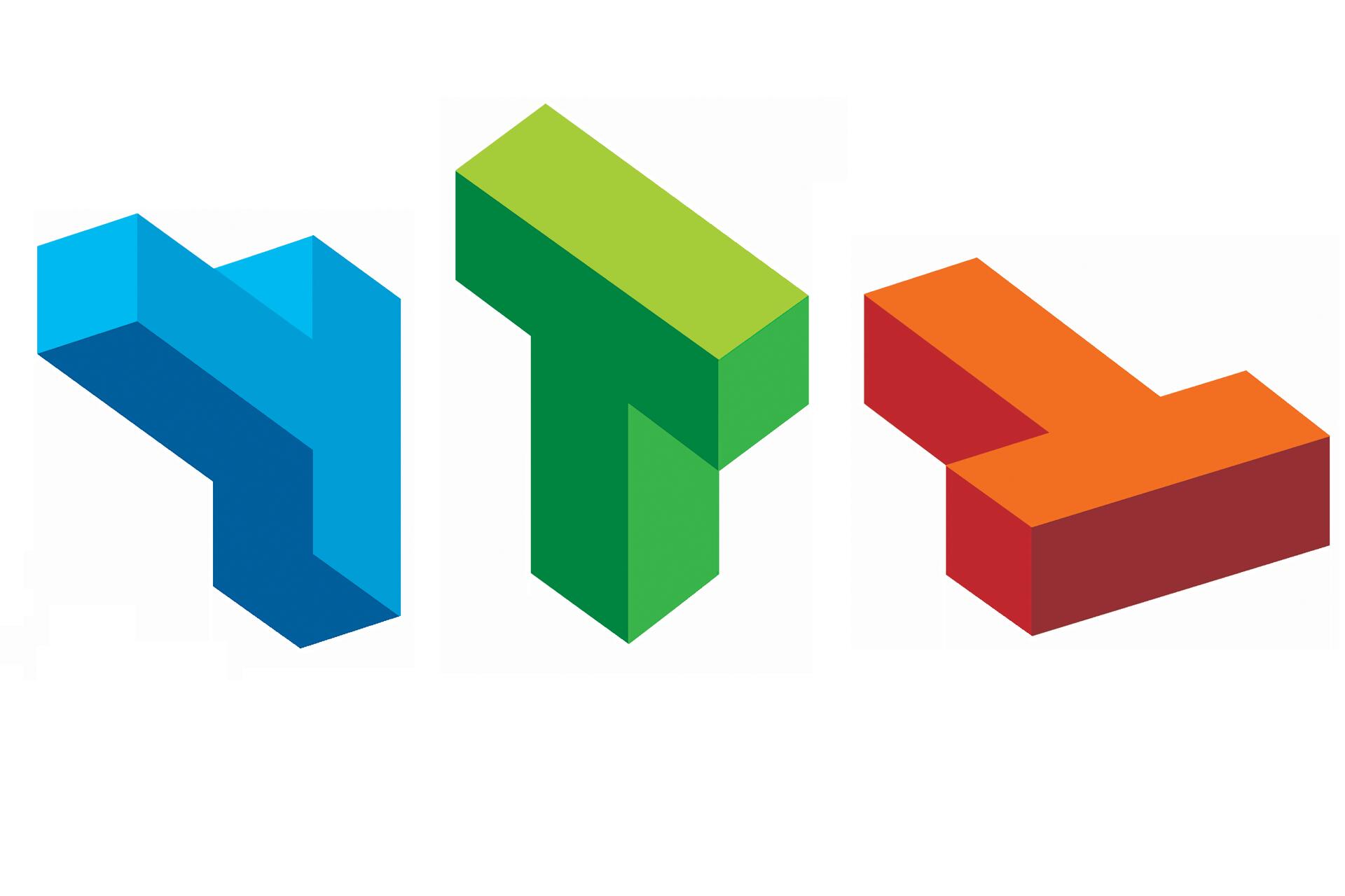 Three 3D geometric shapes in blue, green, and orange, each resembling the letter "Y," "T," and "L."