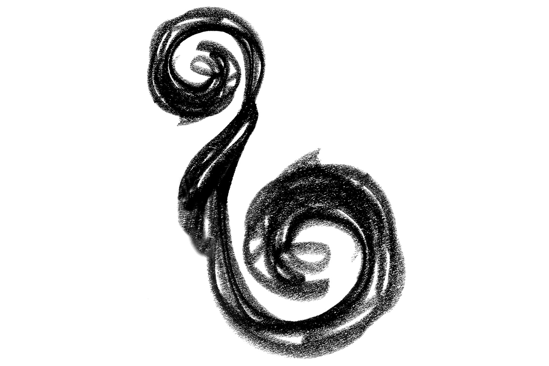 Abstract black charcoal spiral design on a white background, resembling a stylized musical note or flourish.