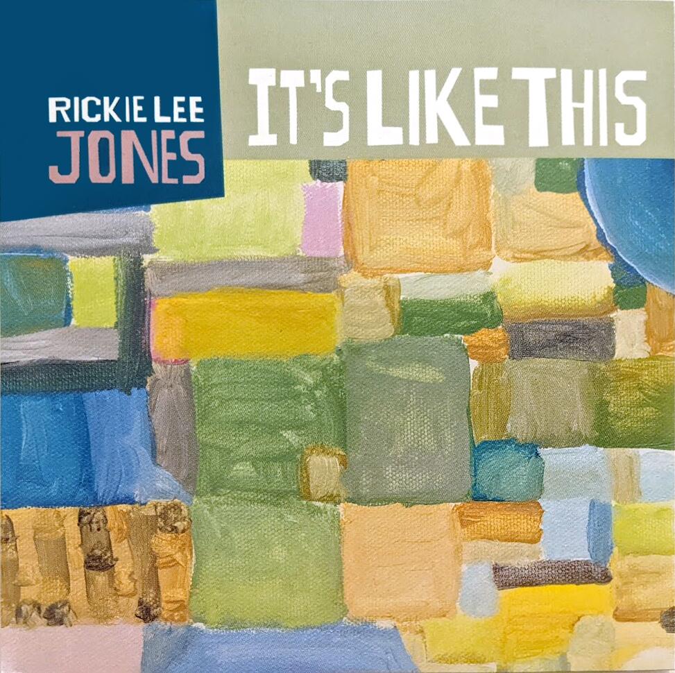 Abstract painting with colorful squares and rectangles in shades of blue, green, yellow, and orange. A text overlay reads "It's Like This" at the top.