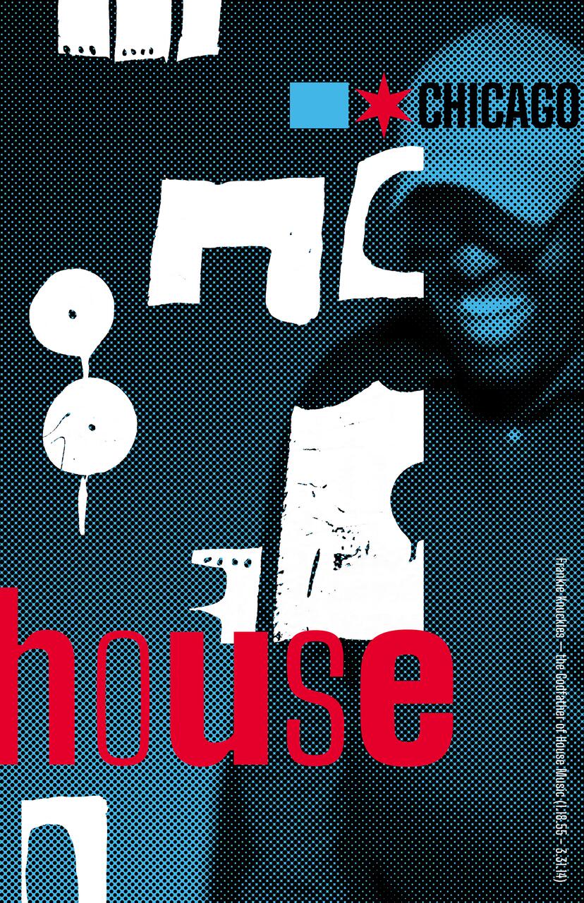 Abstract graphic design featuring Chicago-themed elements, with a red star and blue text. The word "house" appears prominently in bold red letters. The background includes a smiling person in shadow and various abstract shapes on a textured pattern.