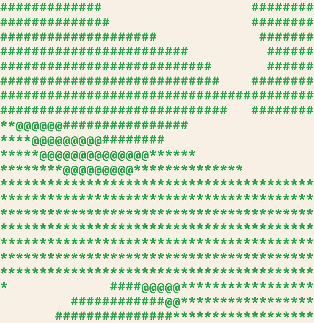 Abstract art using green symbols including hashtags, at signs, and asterisks forming a pattern on a light background.