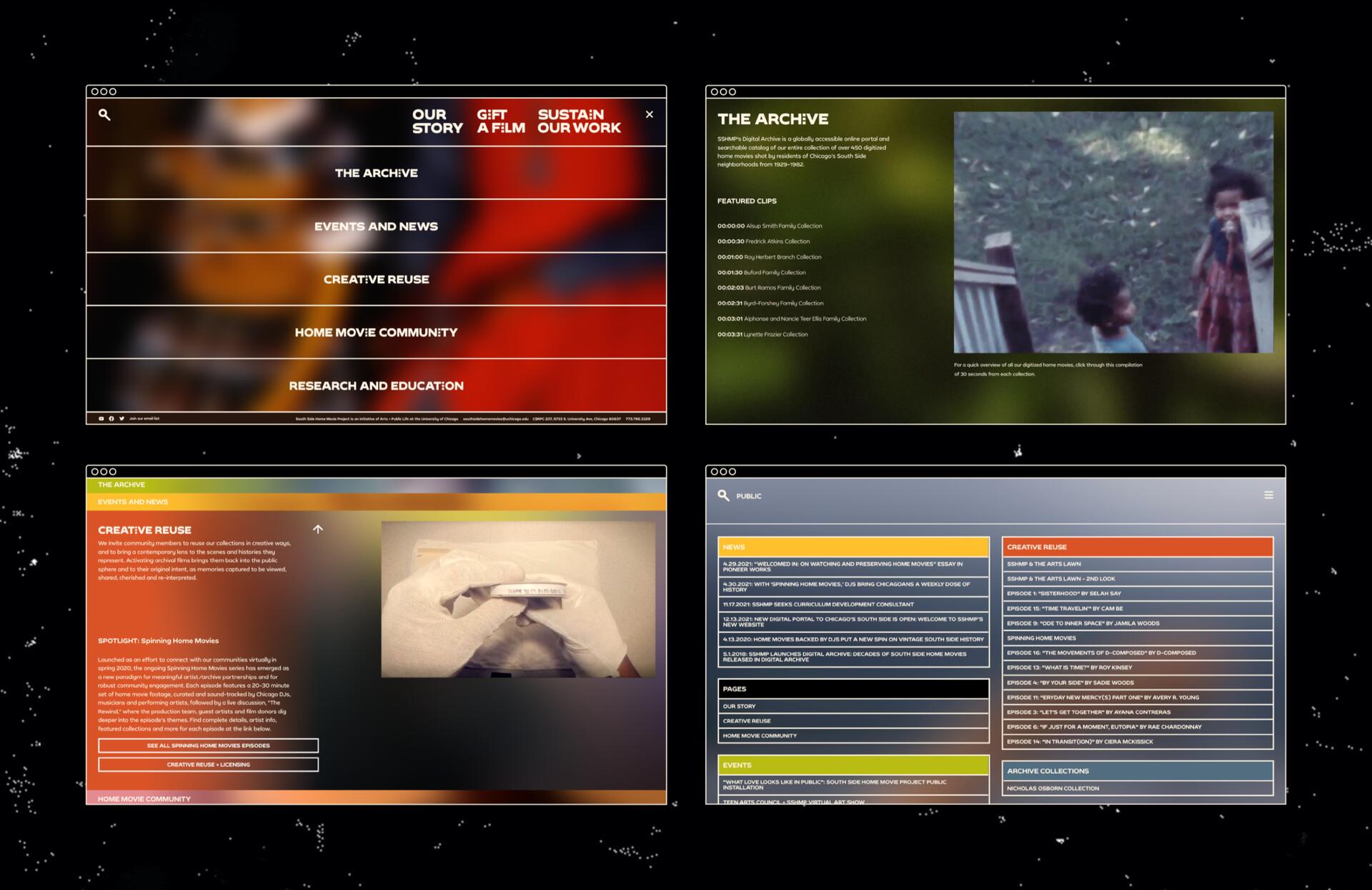 Webpage layout with navigation menu and multiple sections titled "The Archive," "Creative Reuse," and "Public," featuring text and a small image of two children playing outside. The design has a colorful, modern aesthetic with text overlaid on blurred backgrounds.