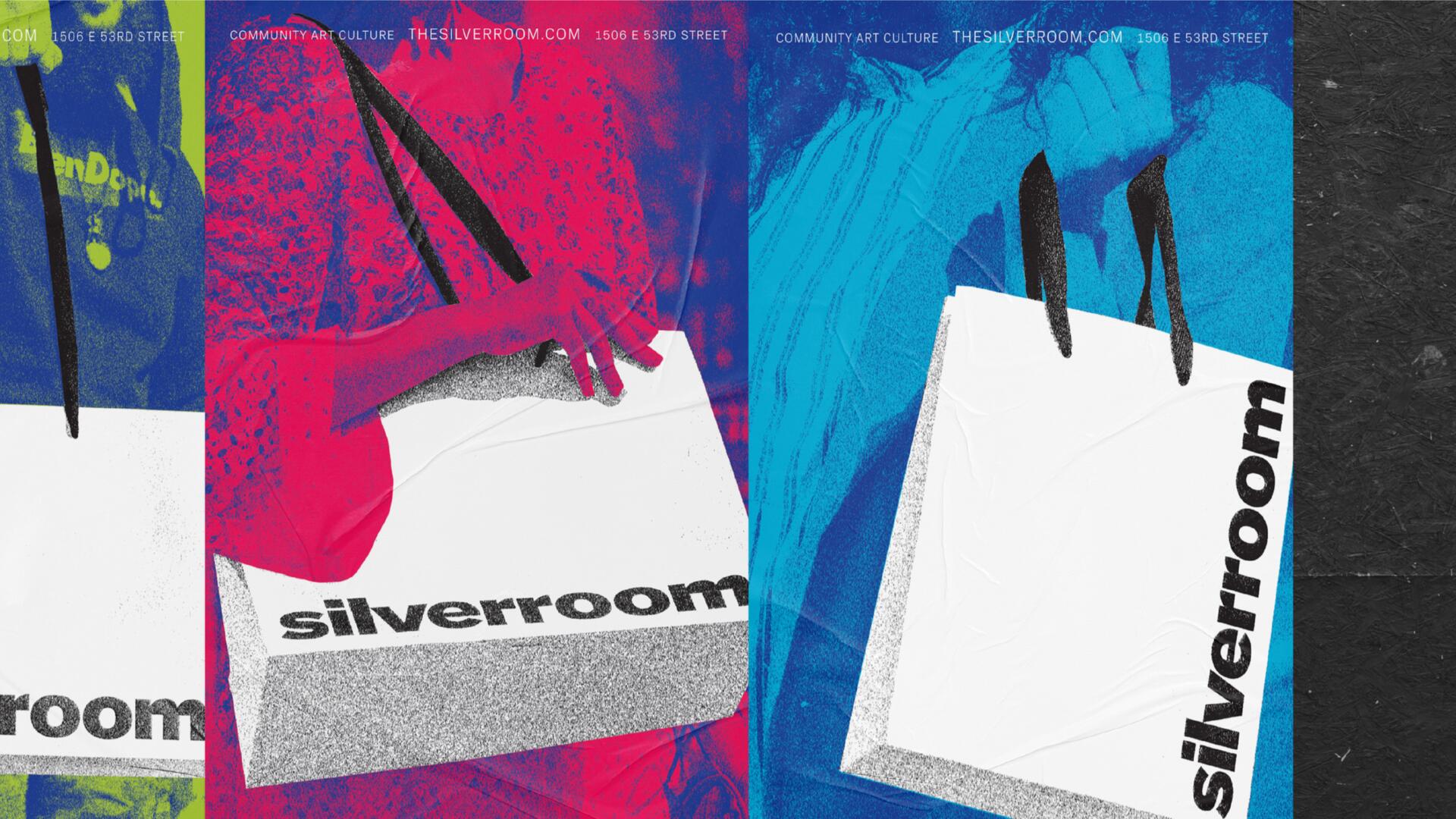 Colorful posters featuring hands holding a white shopping bag with "silverroom" printed in bold. The background shows vibrant colors including green, red, and blue, with text about a location and website at the top.