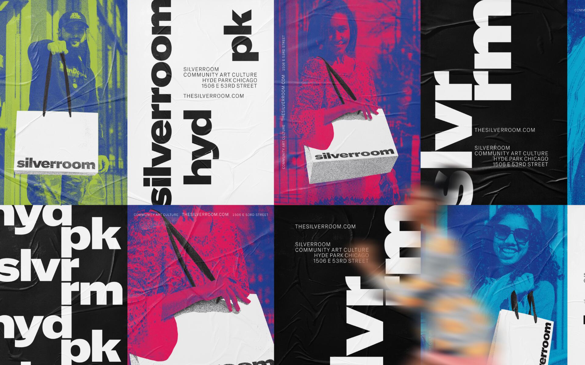 Collage of posters featuring people holding Silverroom shopping bags in vibrant colors. Large text includes "silverroom," "hyd pk," and location details for The Silverroom in Hyde Park, Chicago.