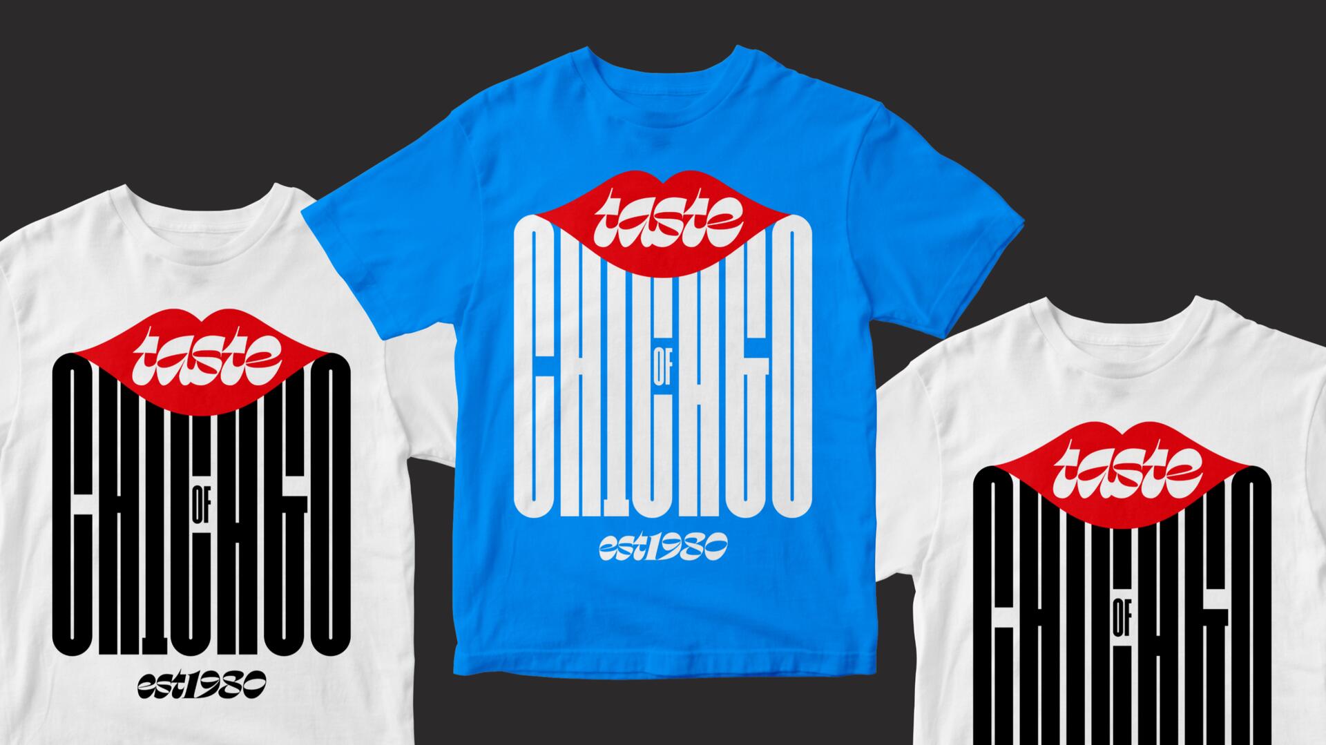 Three T-shirts featuring red lips with "taste" text above "Chicago" in bold letters. The shirts are white and blue, with varying text colors.
