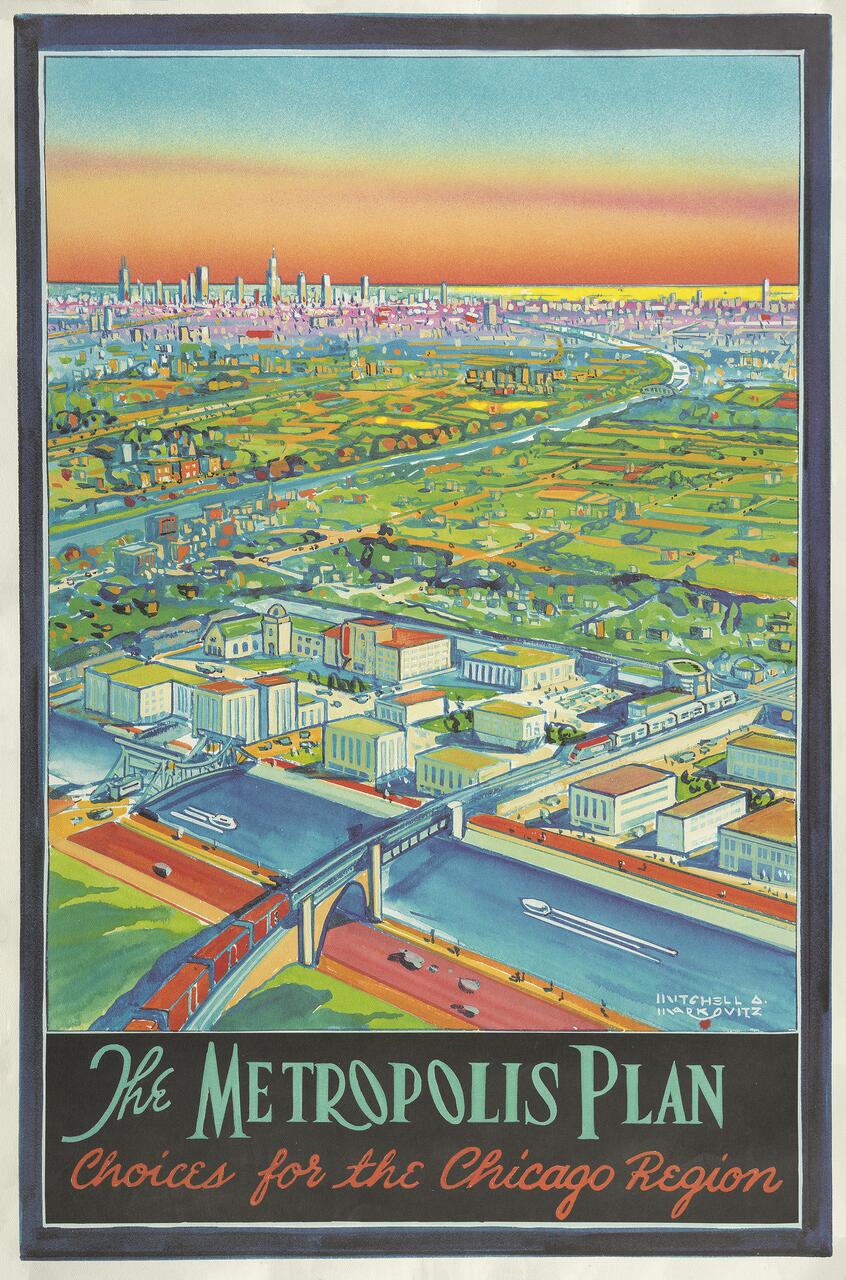 Colorful illustration of a cityscape showing an aerial view of a developed urban area with a river, train, and bridge in the foreground. Skyscrapers and a skyline are visible under a vibrant sunset. Text at the bottom reads "The Metropolis Plan, Choices for the Chicago Region."