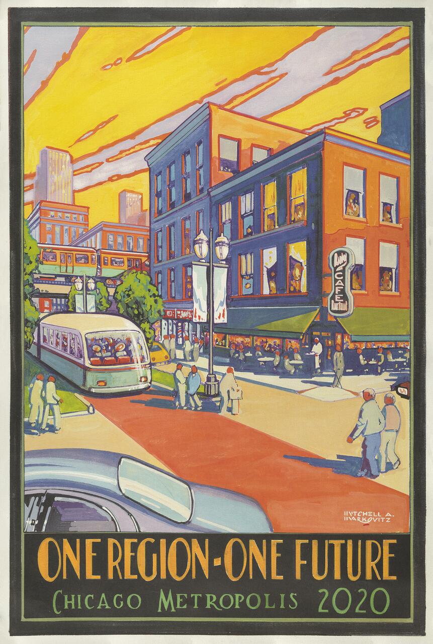 Colorful graphic of a vibrant urban street scene with people walking, buildings, and a streetcar under a bright, streaked yellow sky. A banner with the title "One Region - One Future" appears at the bottom.