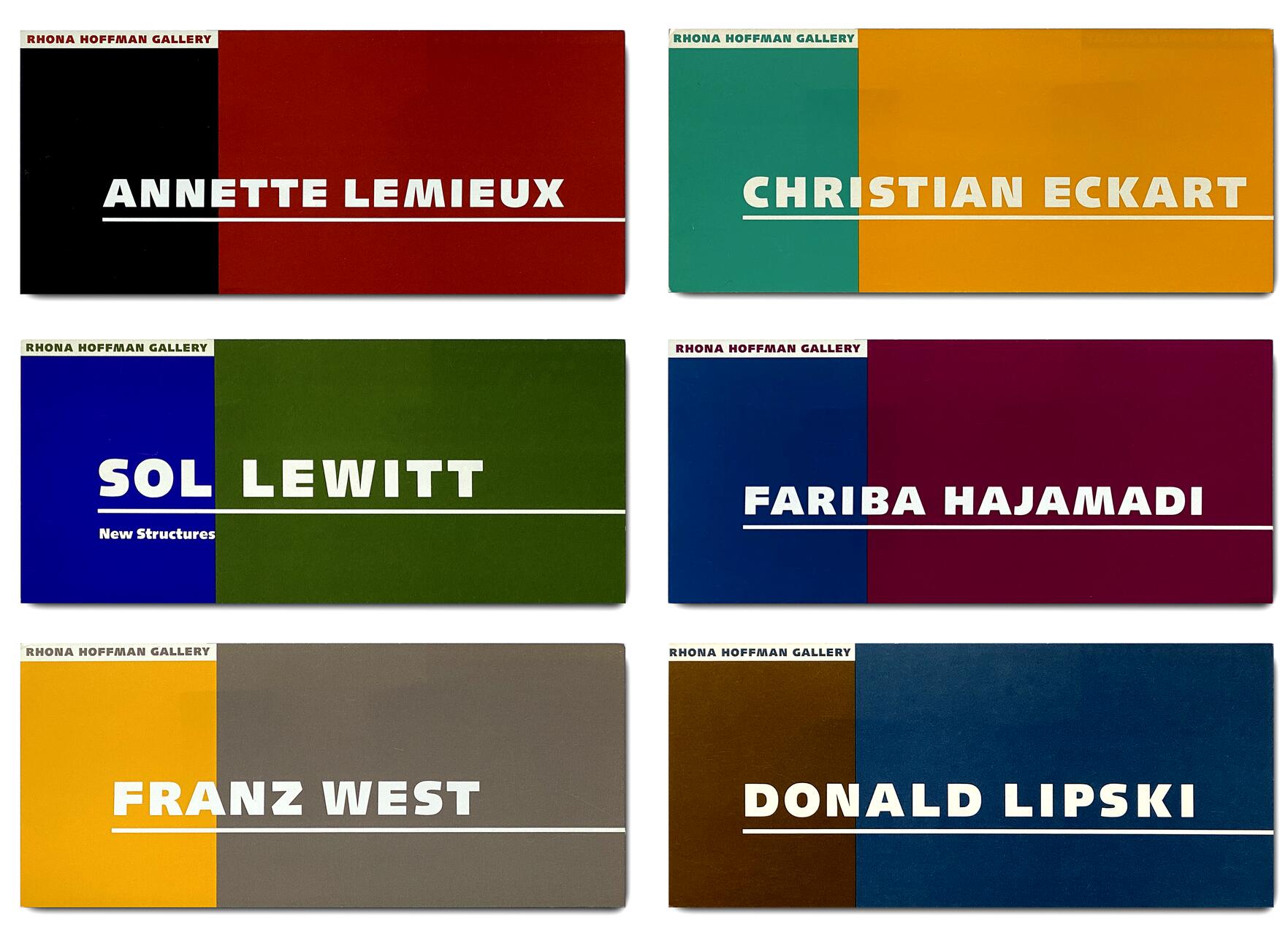Colorful art gallery cards featuring names: Annette Lemieux on black and red, Christian Eckart on teal and orange, Sol LeWitt on blue and green, Fariba Hajamadi on blue and burgundy, Franz West on yellow and gray, Donald Lipski on brown and blue.