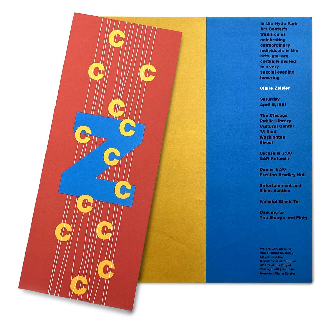 Colorful event invitation with a red panel featuring a large blue "Z" and yellow "C" letters, set against a yellow and blue background with text detailing event information and honoring Claire Zeisler.