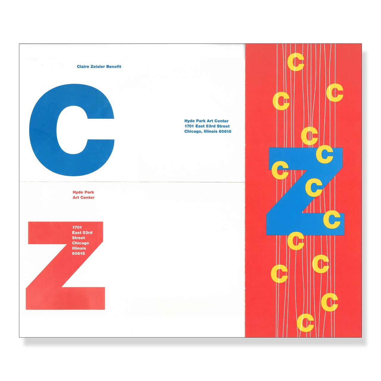 Large blue and red letters "C" and "Z" on a graphic design. The background is white with a red section on the right, featuring multiple yellow "C" letters. Blue and red text lists an address and art center name.