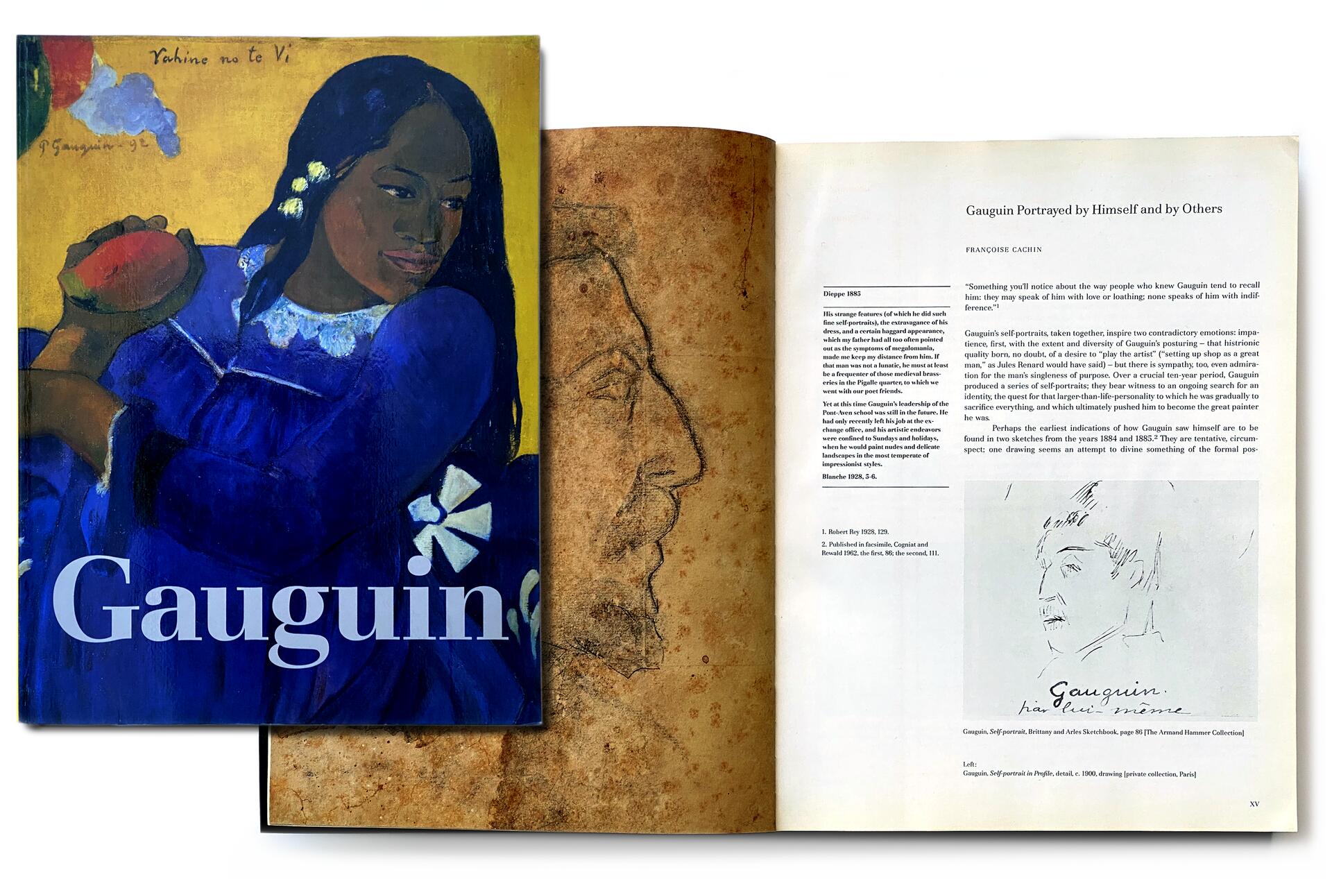 Closed book titled "Gauguin" showing a painting of a woman in a blue dress beside an open book displaying text and a sketch of a man's profile.