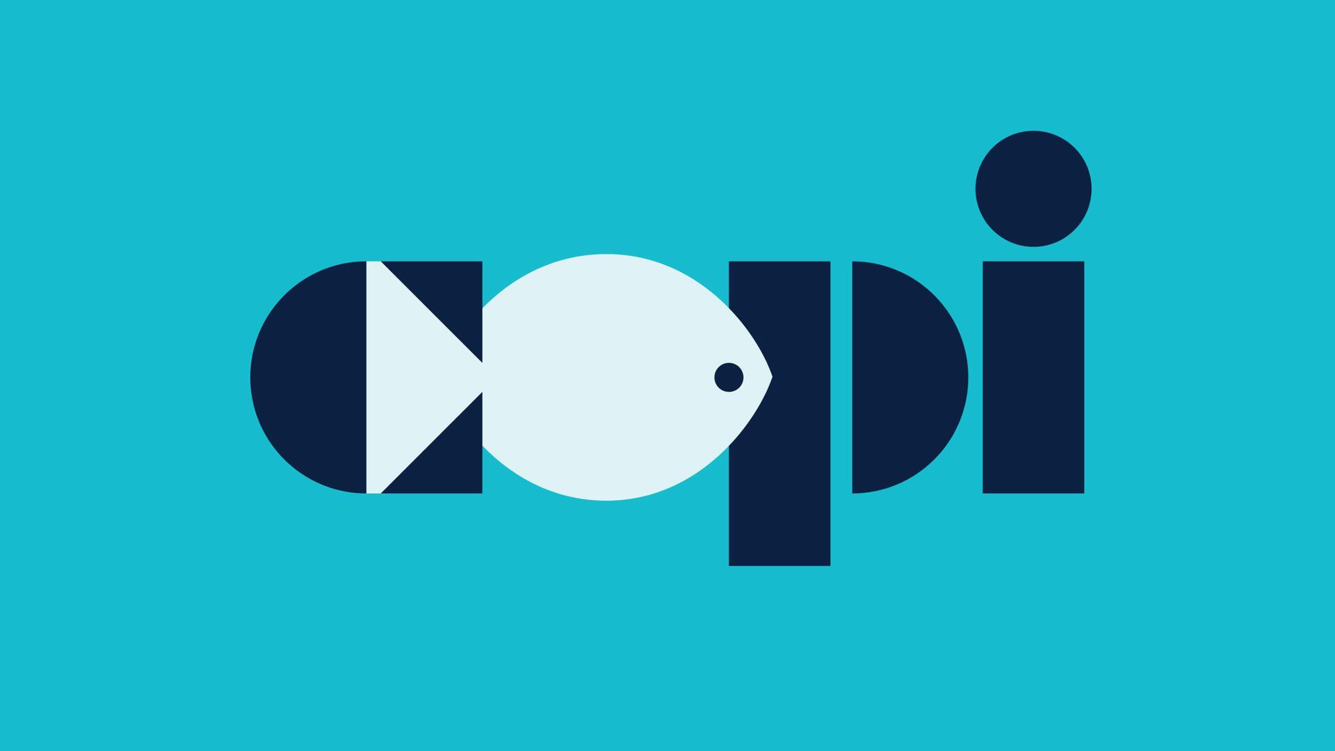 Stylized logo with the word "copi" incorporating geometric fish shapes, set against a turquoise background.