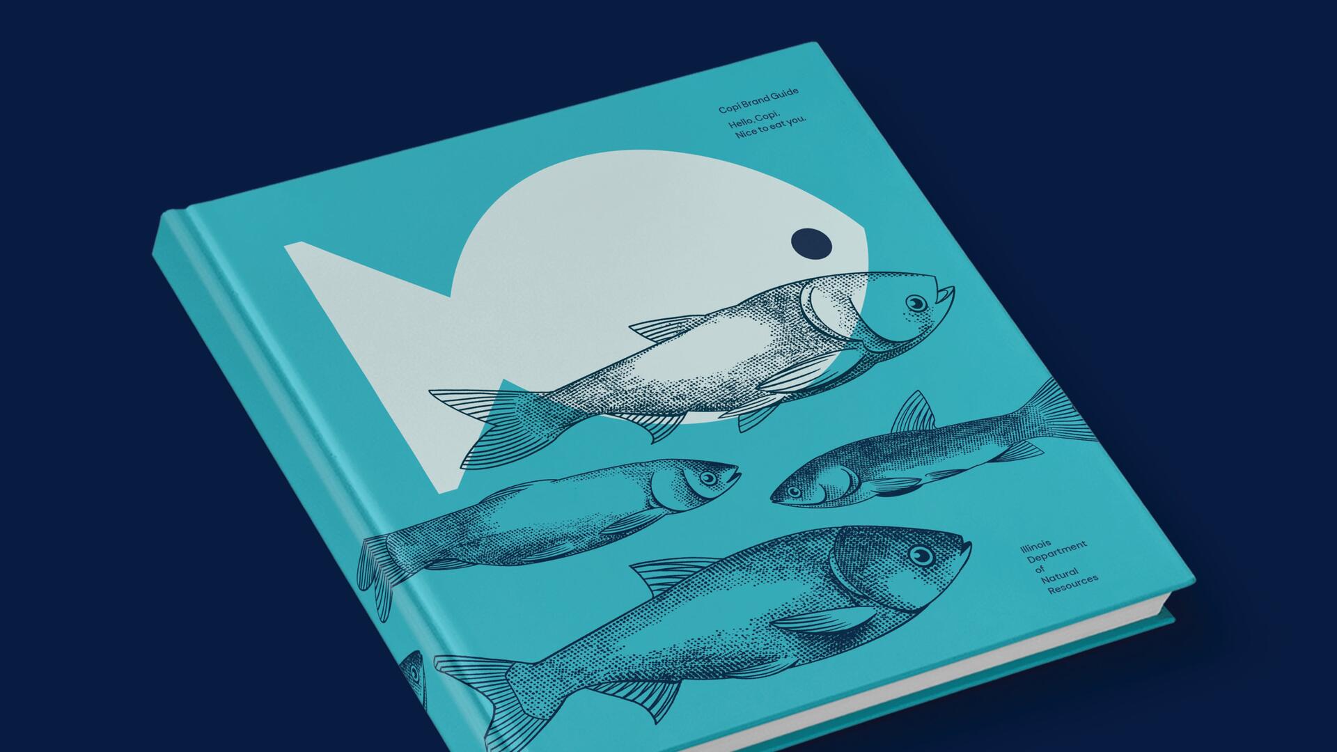 Illustrated book cover with blue background featuring sketched fish and a large white fish shape, against a dark backdrop.