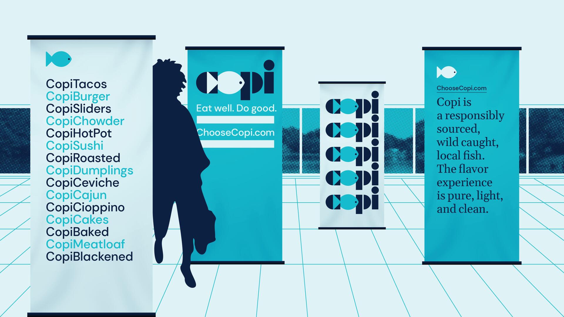 Four banners with a silhouette of a person. Banners display various food items like tacos and sushi, and a fish silhouette logo with text promoting responsibly sourced fish. Colors are mainly blue and white.