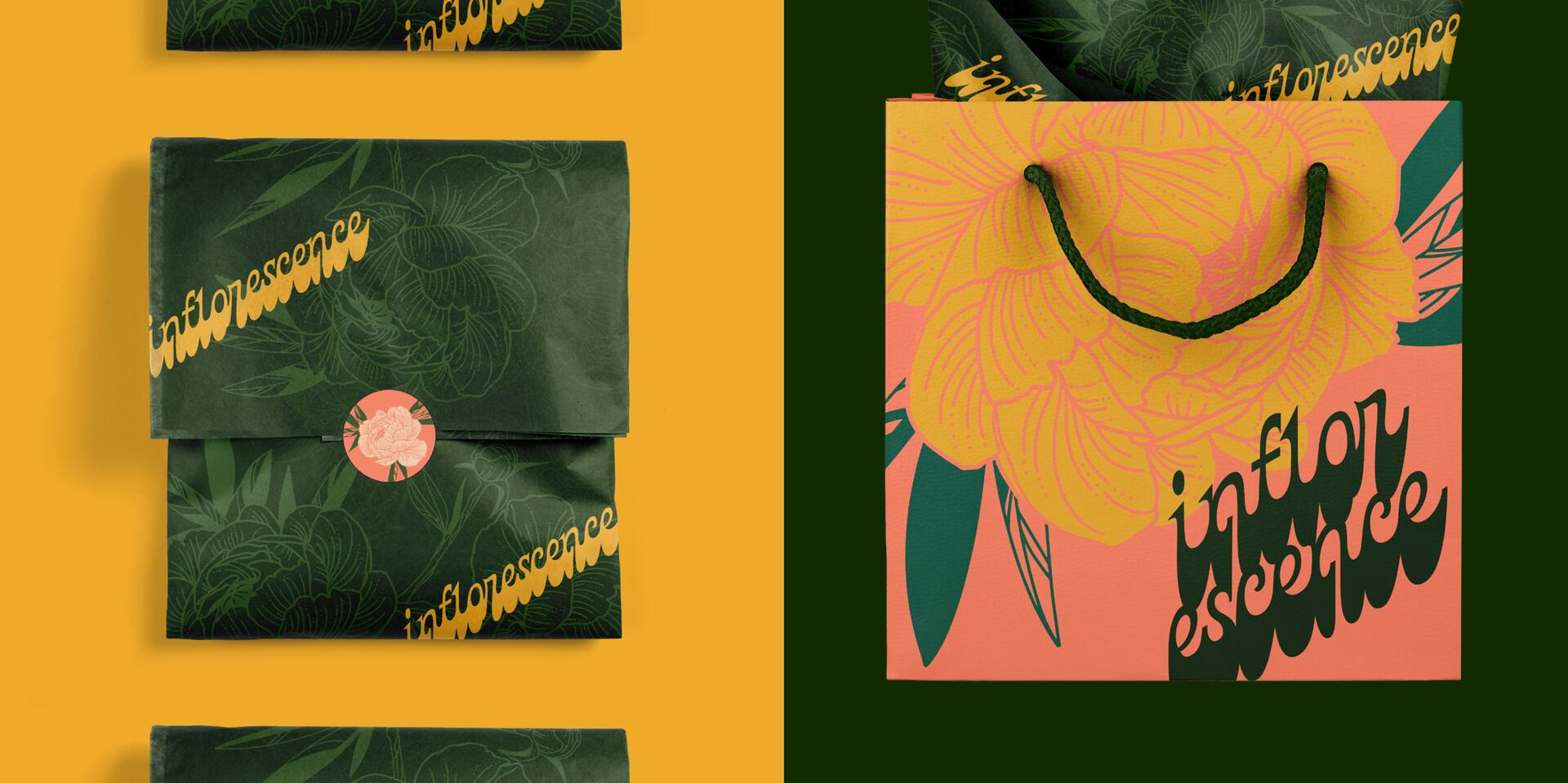Green packaging with floral designs and orange text "inflorescence." Pink and yellow floral shopping bag with green handles, similar text. Background split into dark green and mustard yellow.