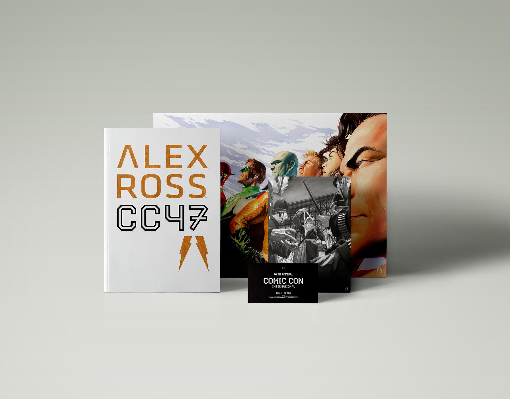 Comic book display featuring a white book with "ALEX ROSS CC47" in bold letters, alongside a colorful illustration of superheroes and a black and white image of soldiers.