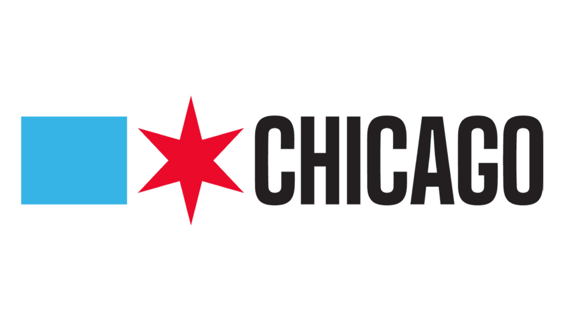 Chicago logo featuring a red six-pointed star and a blue rectangle.