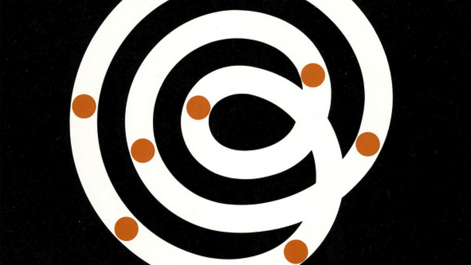 White spiral design with orange dots on a black background.