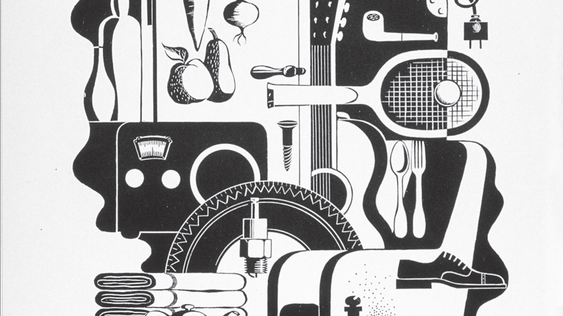 Black and white illustration of various objects including a guitar, tennis racket, pipe, and fruits, arranged to form the silhouette of a human profile.