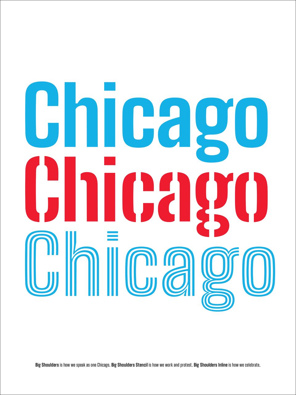 Three styles of the word "Chicago" displayed: bold blue sans-serif, bold red stencil, outlined blue text.