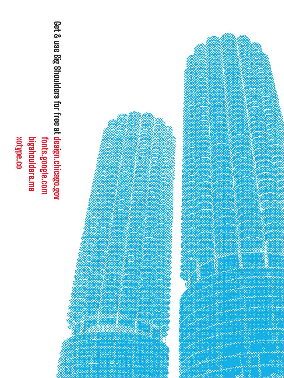 Stylized blue graphic of two cylindrical skyscrapers on a white background, resembling a halftone pattern. Vertical red and black text along the left side lists website URLs.