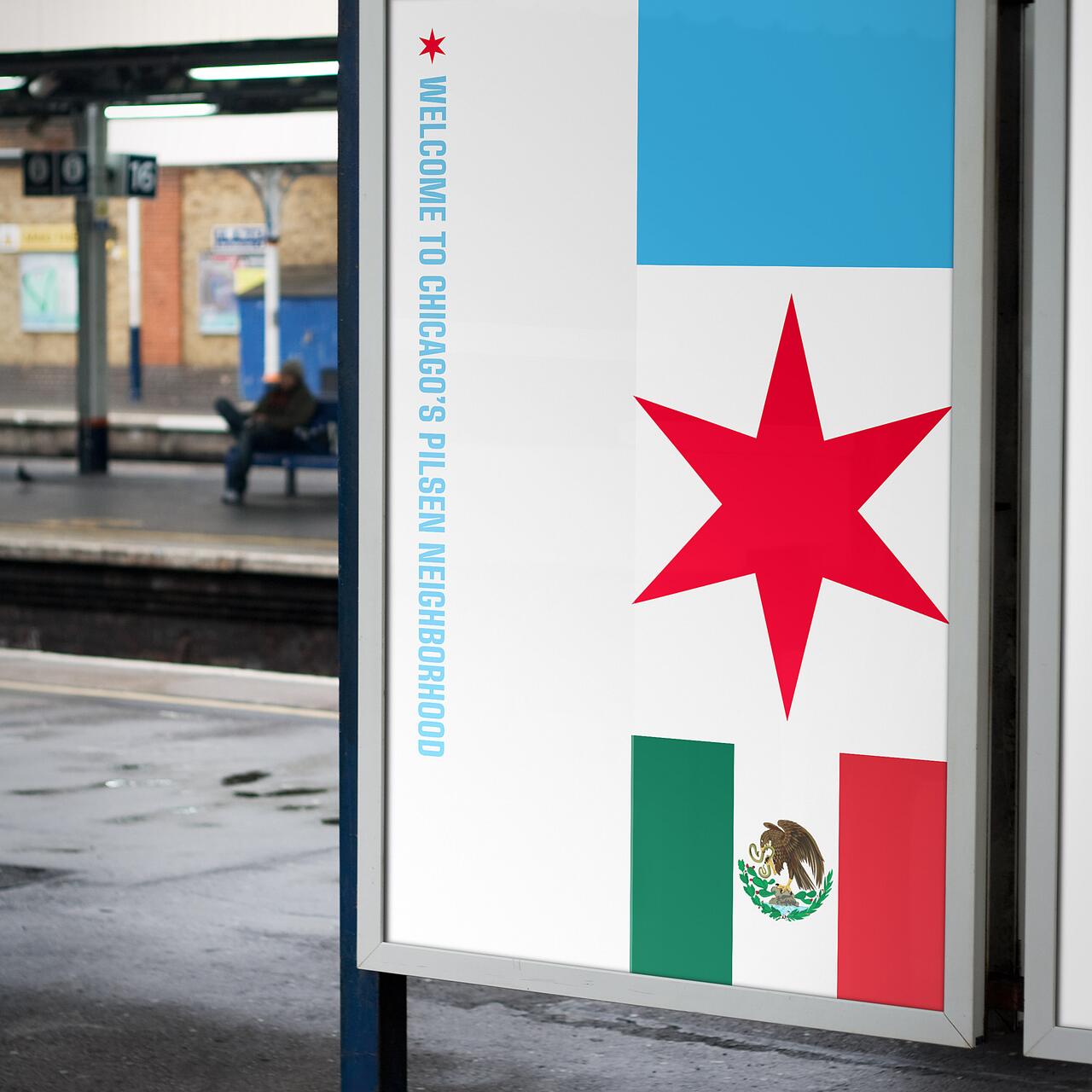 Sign at a train station platform featuring the Chicago flag star above a Mexican flag, with text welcoming to Chicago's Pilsen neighborhood. A person sits on a bench in the background.