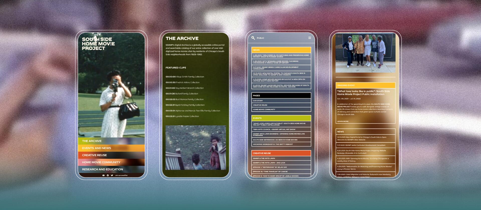 Four mobile screens displaying different sections of the South Side Home Movie Project website, showcasing an archive, featured clips, news, events, and a photo of five people standing together.