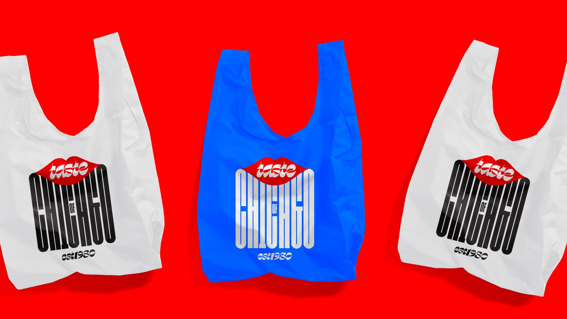 Three tote bags with "Taste of Chicago est. 1980" printed, featuring lips design. Two bags are white, one is blue, all set against a bright red background.