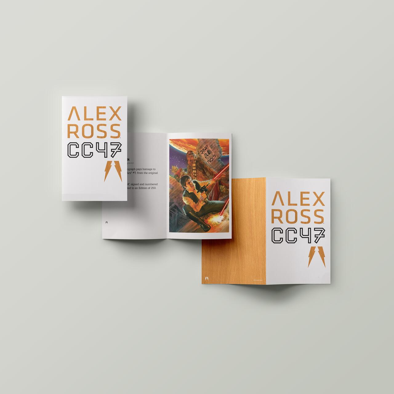 Books with "Alex Ross CC47" on the cover; one open, displaying a colorful illustration of two figures with a galactic backdrop. The setting is clean and minimal with a light gray background.