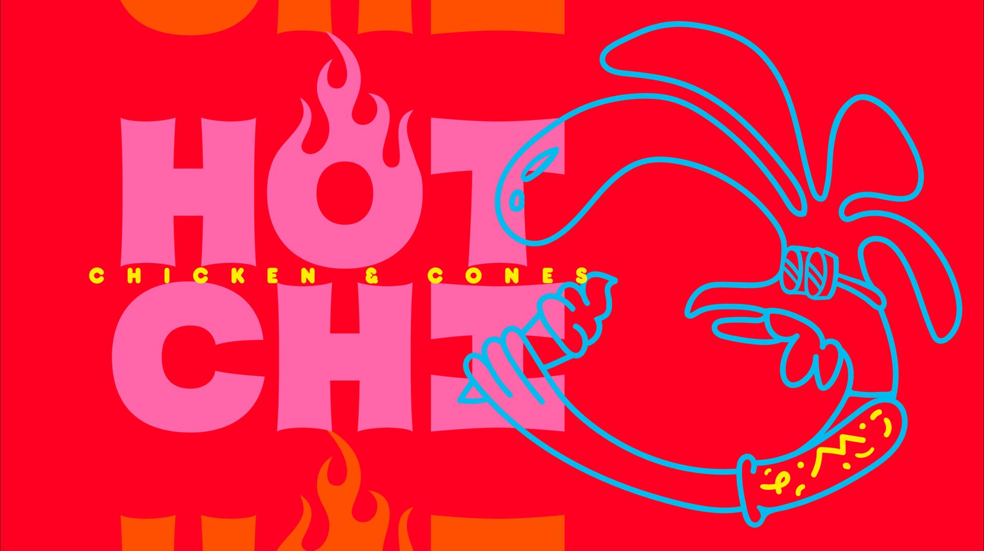 Abstract graphic of a blue outline chicken wearing a bandana, holding an ice cream cone, against a bold red and pink background. Large stylized pink text reads "HOT CHI" with flame accents. Yellow text below says "CHICKEN & CONES."
