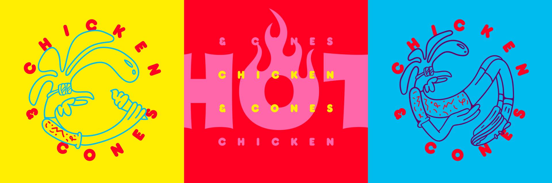 Three-part graphic with vibrant colors. Left: Yellow background with blue chicken graphic and red text. Center: Red background with pink flame shape, yellow text spells "HOT." Right: Blue background with red chicken graphic and red text. Vibrant and bold design.