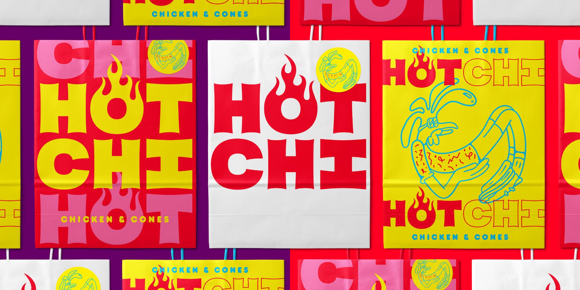 Colorful packaging design with bold red and yellow text "HOT CHI" and "CHICKEN & CONES." Features a stylized drawing of a chicken drumstick with flames, set against multicolored backgrounds.