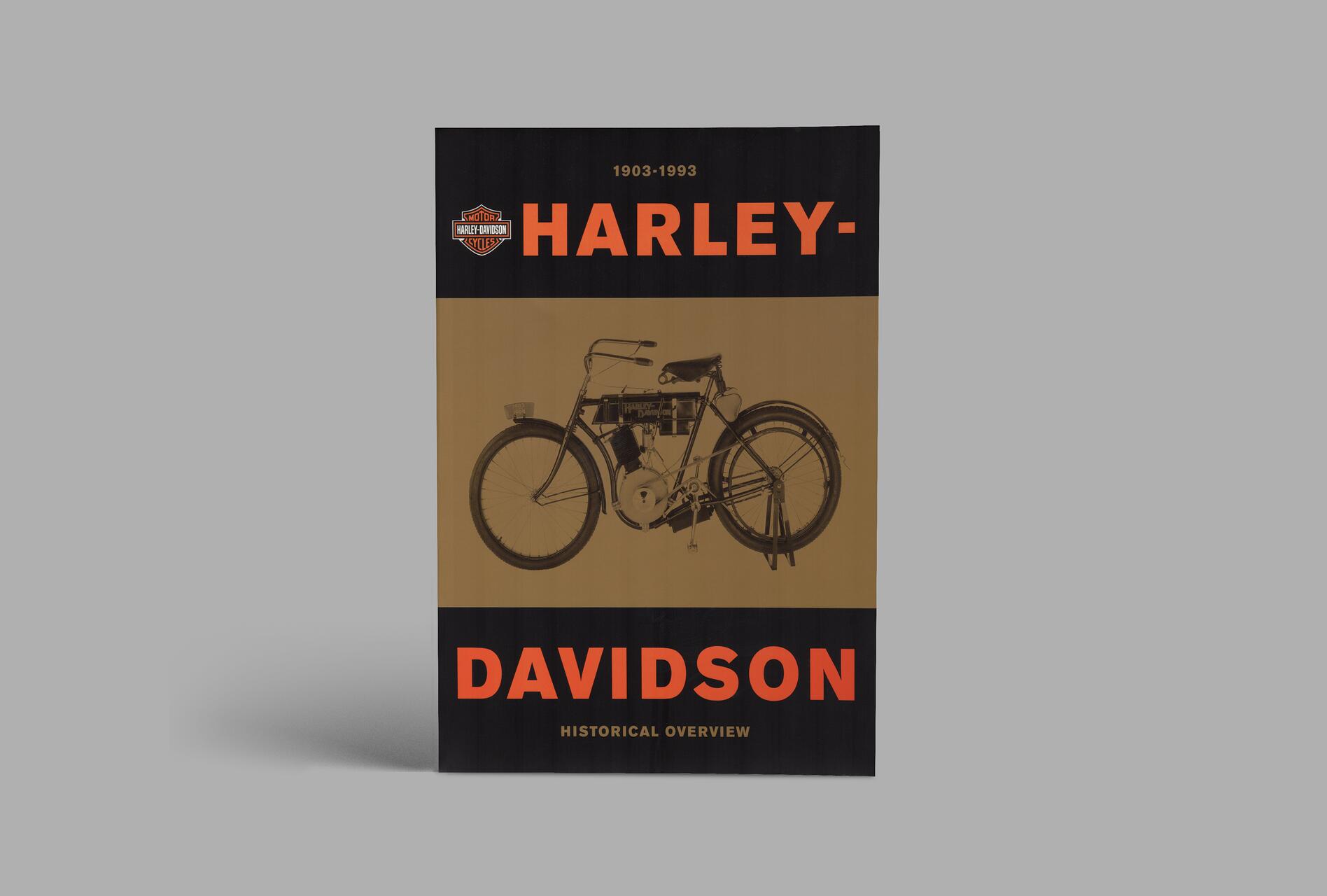 Poster with a sepia-toned vintage Harley-Davidson motorcycle illustration, black and orange branding. Text reads "Harley-Davidson Historical Overview" spanning 1903-1993.