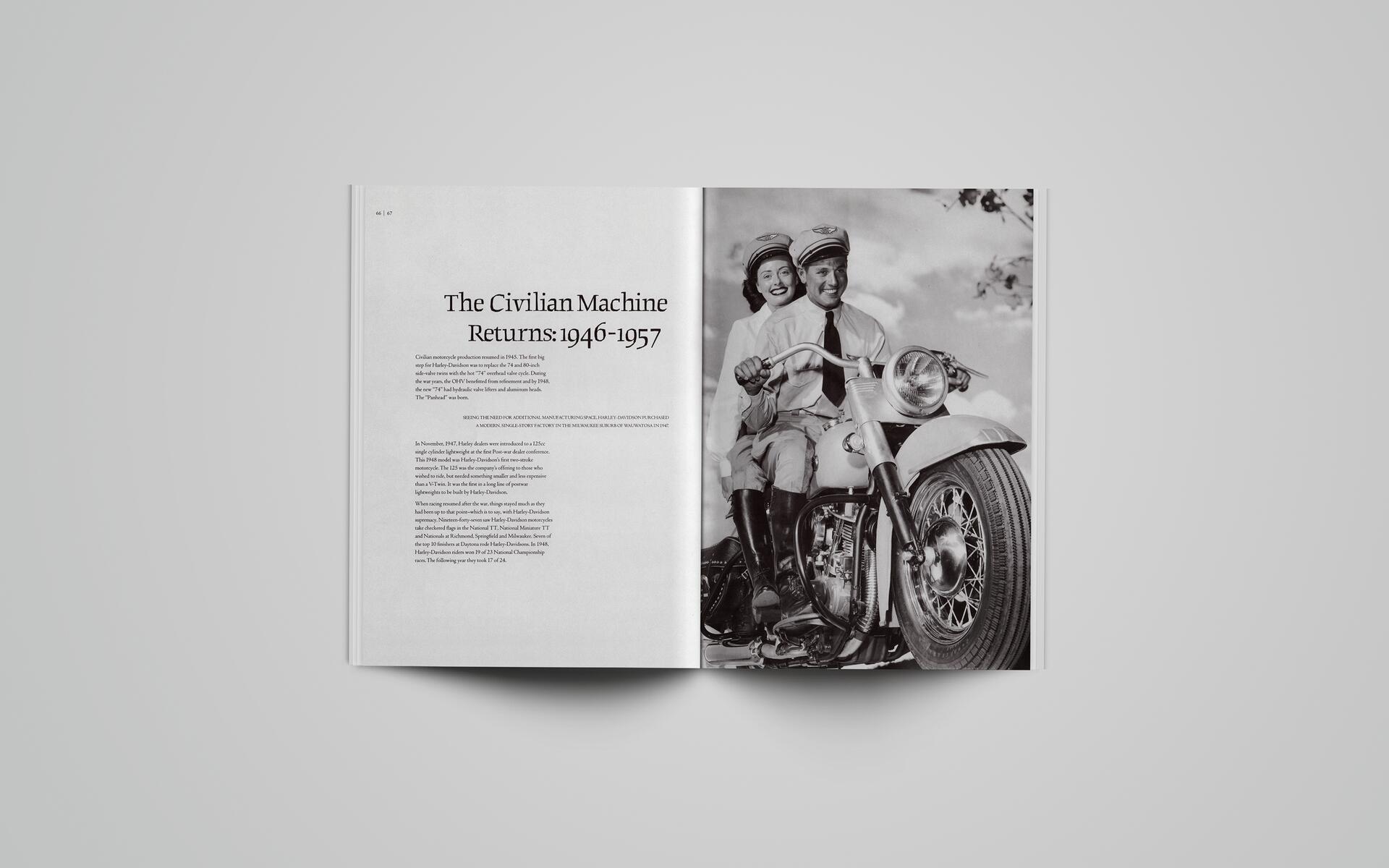 Open magazine showing a black and white photo of a smiling man and woman on a vintage motorcycle. The page on the left features an article titled "The Civilian Machine Returns: 1946-1957."