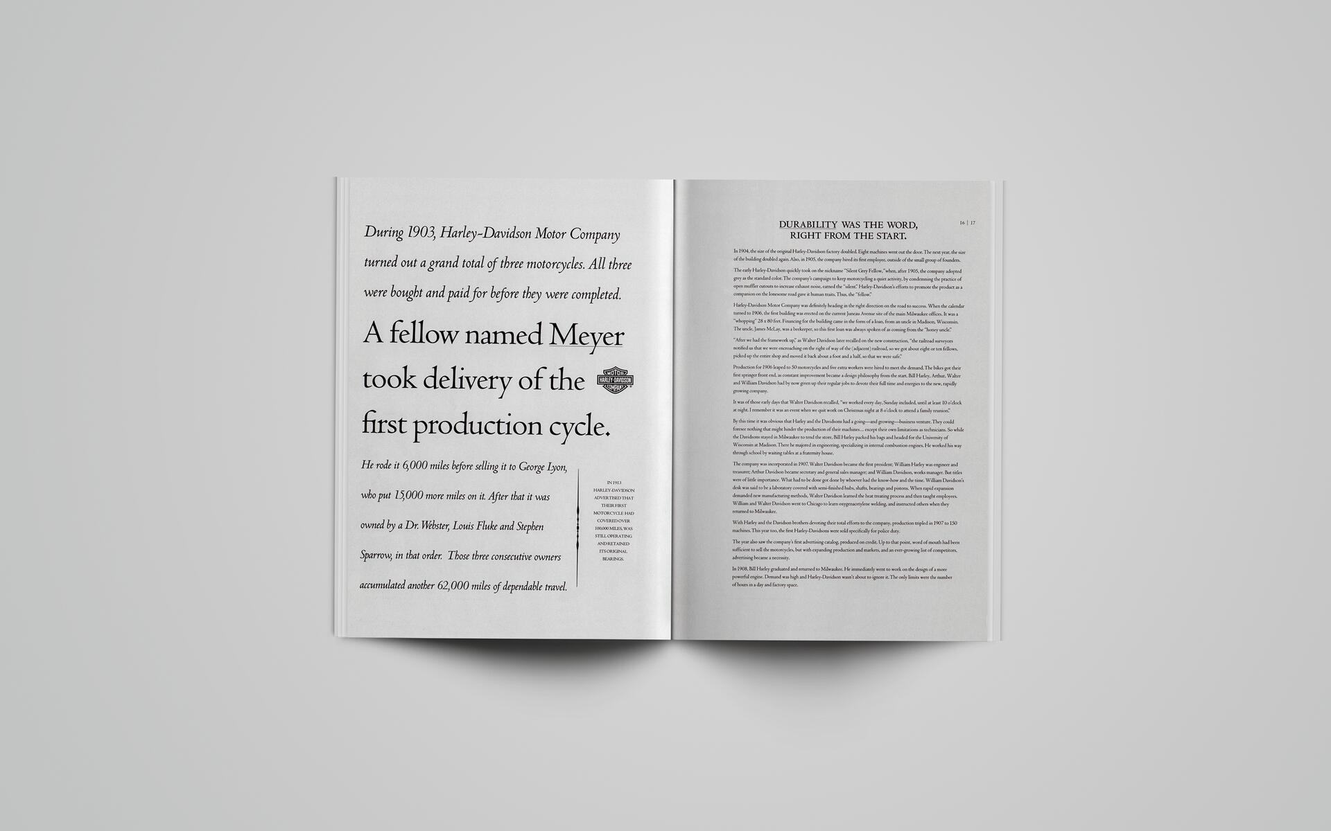 Open magazine with text about Harley-Davidson's early production, featuring a large, bold statement about Meyer taking delivery of the first production cycle. The adjacent page contains detailed company history text.