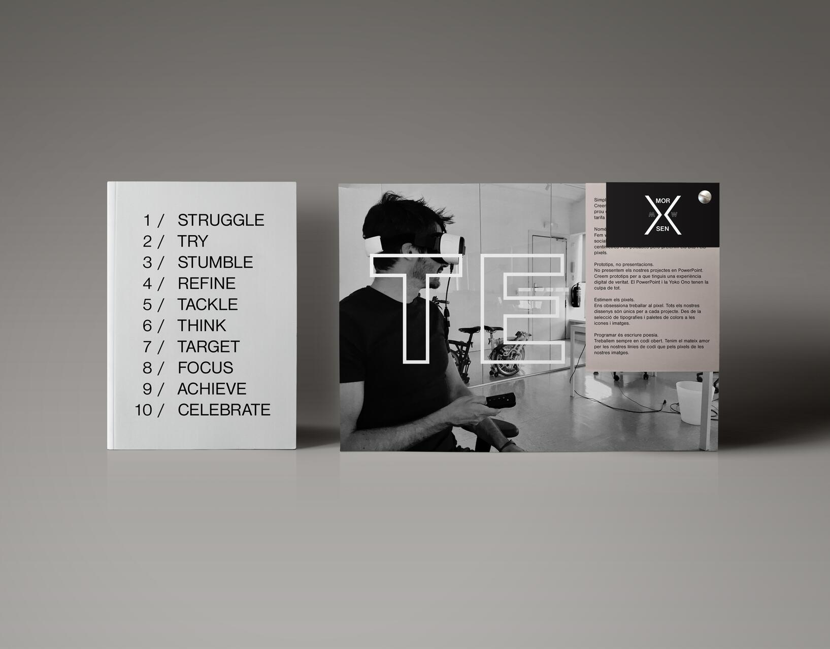 A monochrome photograph shows a person using virtual reality equipment in a studio setting. On the left, a white board lists motivational steps: struggle, try, stumble, refine, tackle, think, target, focus, achieve, and celebrate.