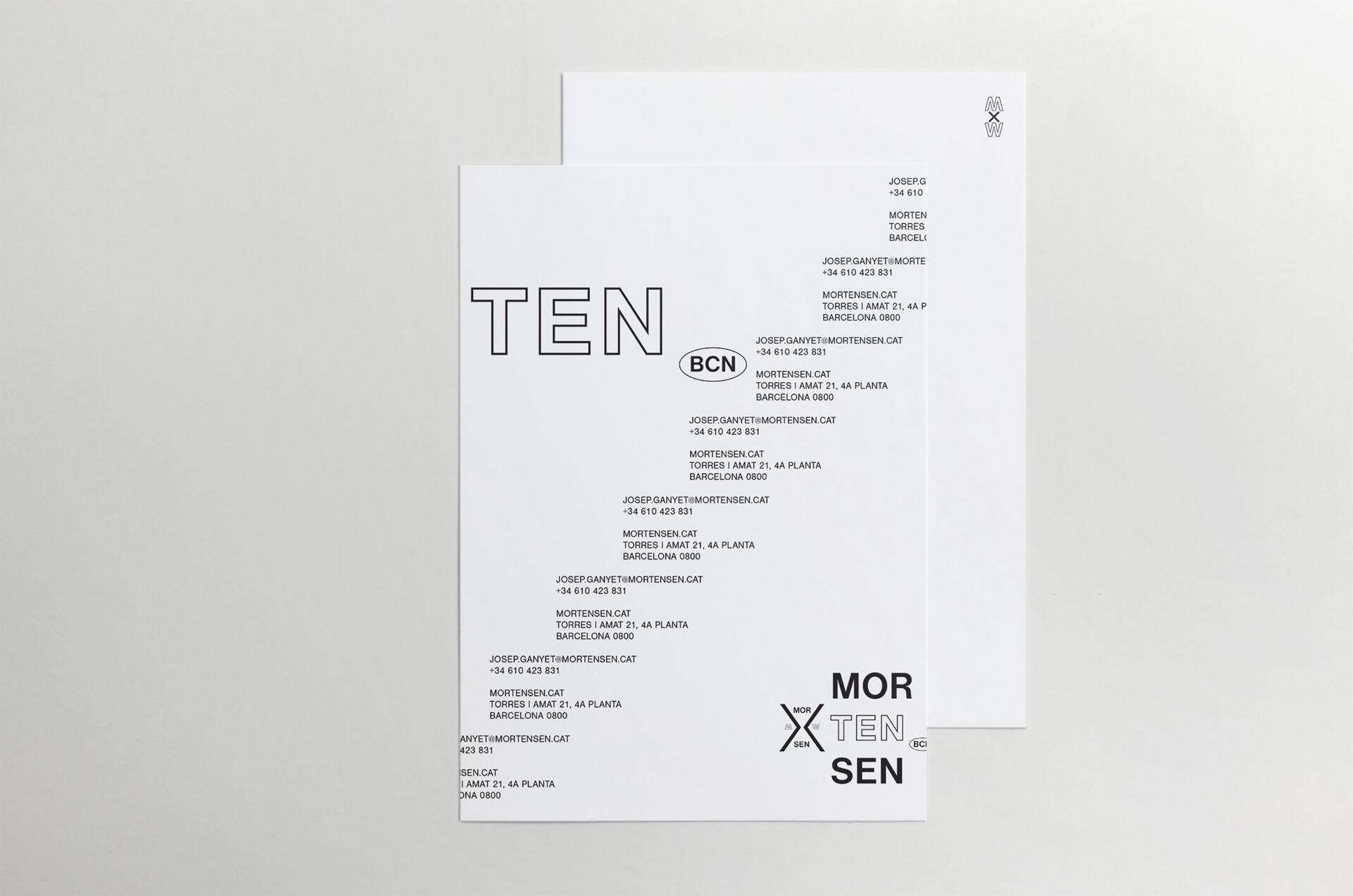 Minimalist white poster design with the word "TEN" in bold, black outlined letters, accompanied by lines of contact information in smaller text. The poster features the circular acronym "BCN" and "MORTENSEN" at the bottom with directional arrows.