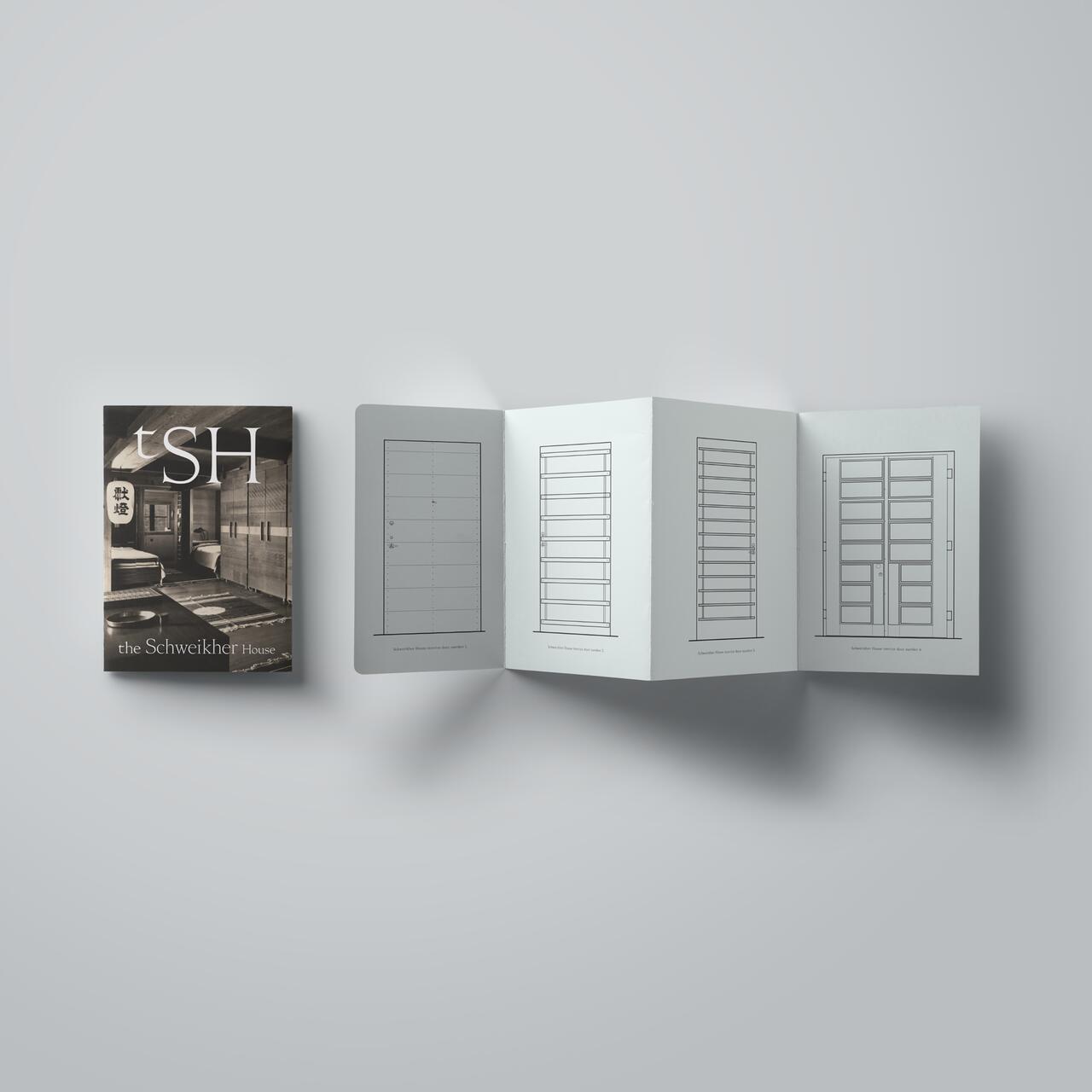 Book cover titled "tSH the Schweiker House" with a sepia-toned interior image. Next to it, a folding brochure displays architectural door sketches. Set against a light gray background.