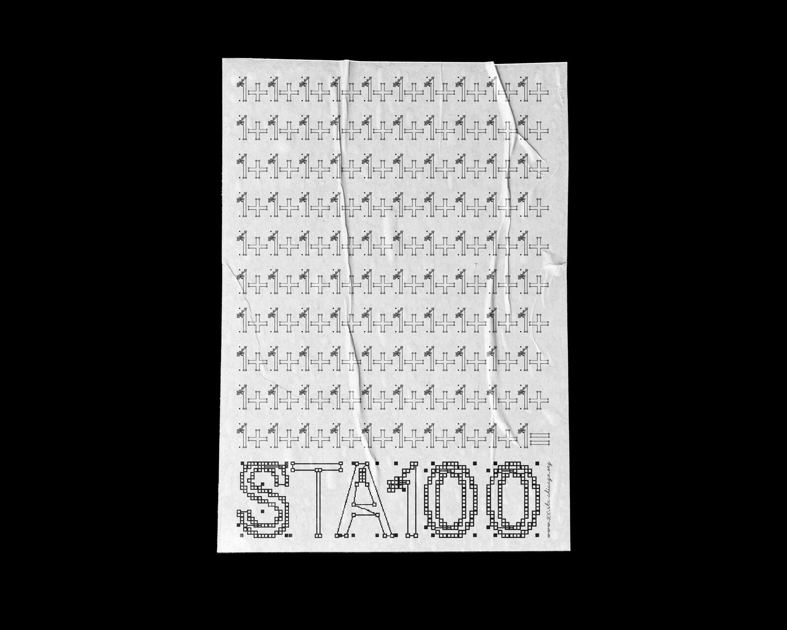 Crumpled sheet of paper featuring a repetitive pattern of small, abstract figures resembling plus signs and squiggles, with "STA100" written in large, intricate font at the bottom.