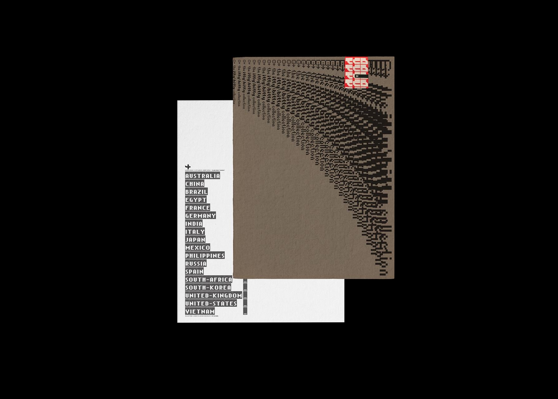 A textured, brown graphic with black pixelated patterns arcs over a white background listing countries like Australia, China, and Brazil in a bold, blocky font.