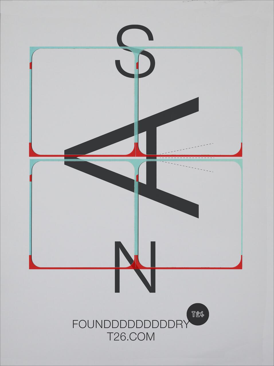 Abstract graphic design with large letters "S," "T," and "N" in black over a grid of red and turquoise lines. The letters are intersected and partially overlapped. Text at the bottom reads "FOUNDDDDDDDDDRY T26.COM." A small logo is on the lower right.