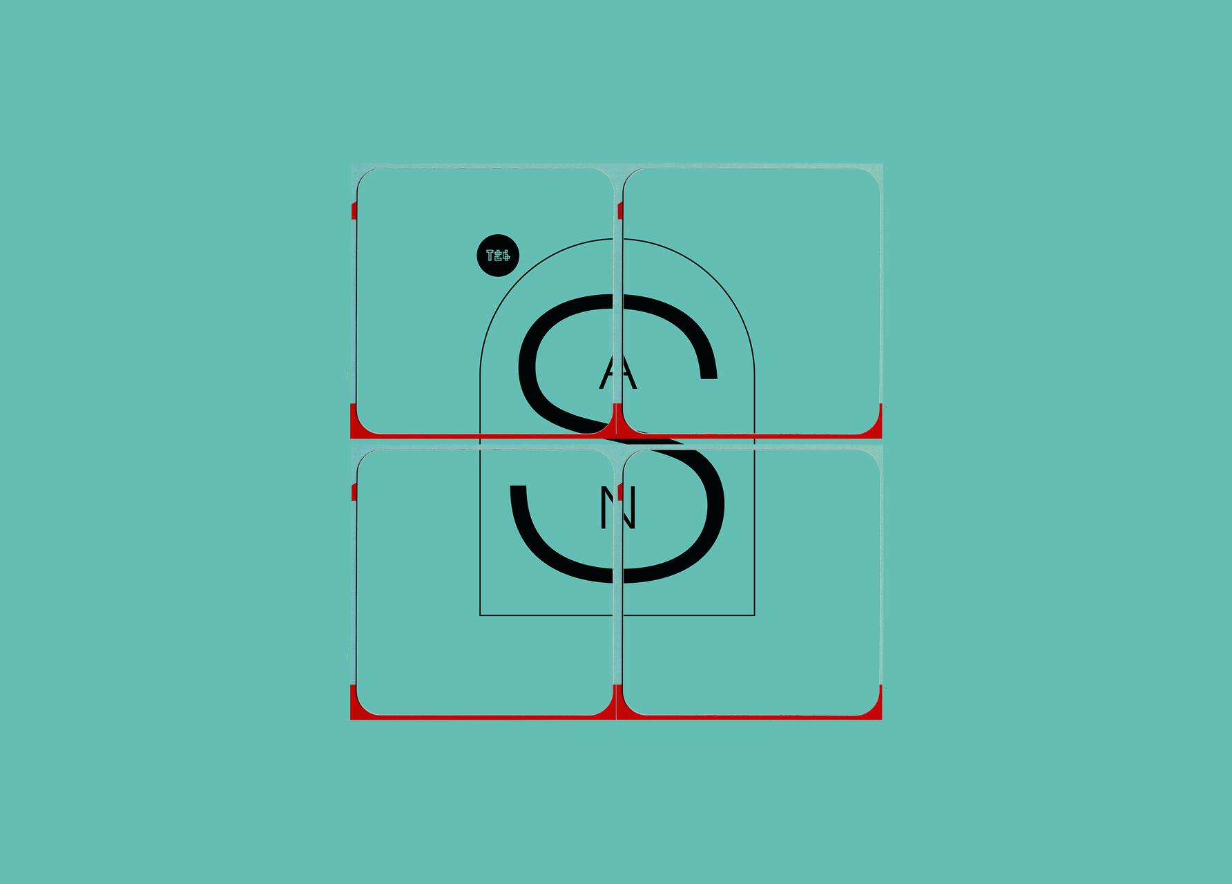 Geometric design with bold letters "SAN" on a teal background, divided into four sections with red accents.
