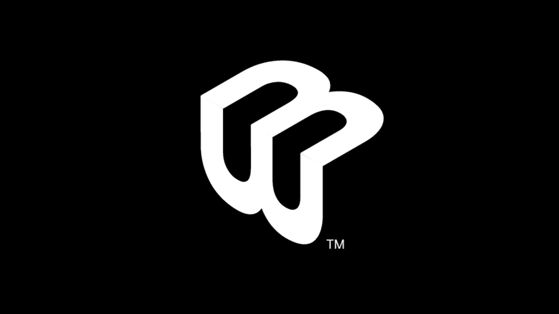 Abstract white logo on a black background, featuring a stylized combination of the letters "P" and "B" intertwined.